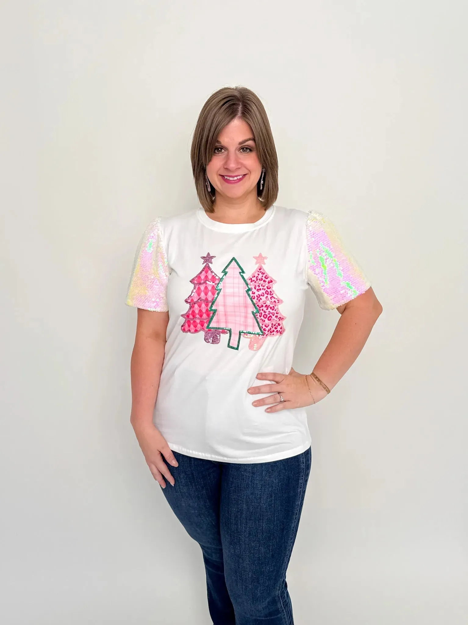 Pink Trees Short Sparkle Sleeve Top