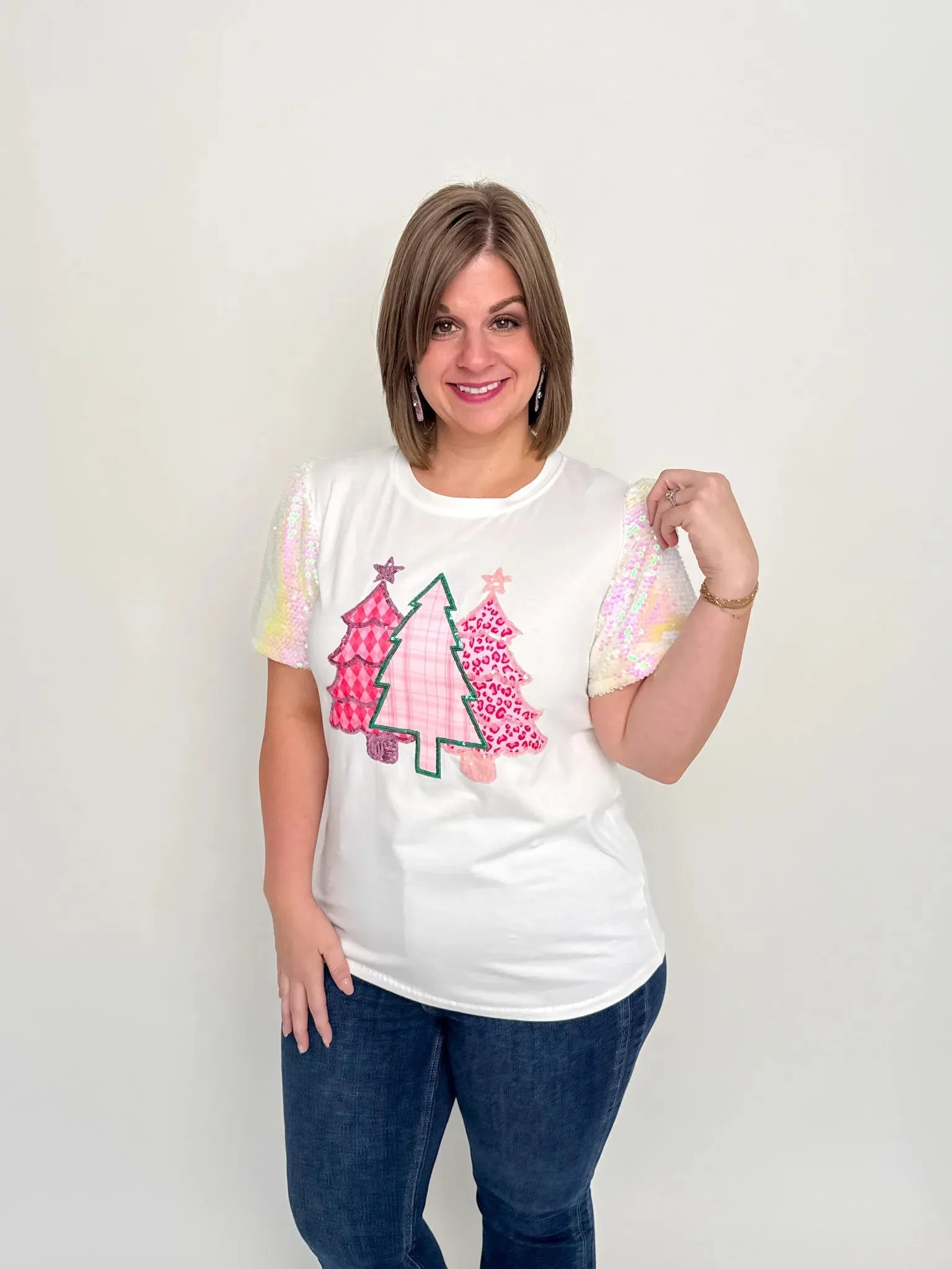 Pink Trees Short Sparkle Sleeve Top
