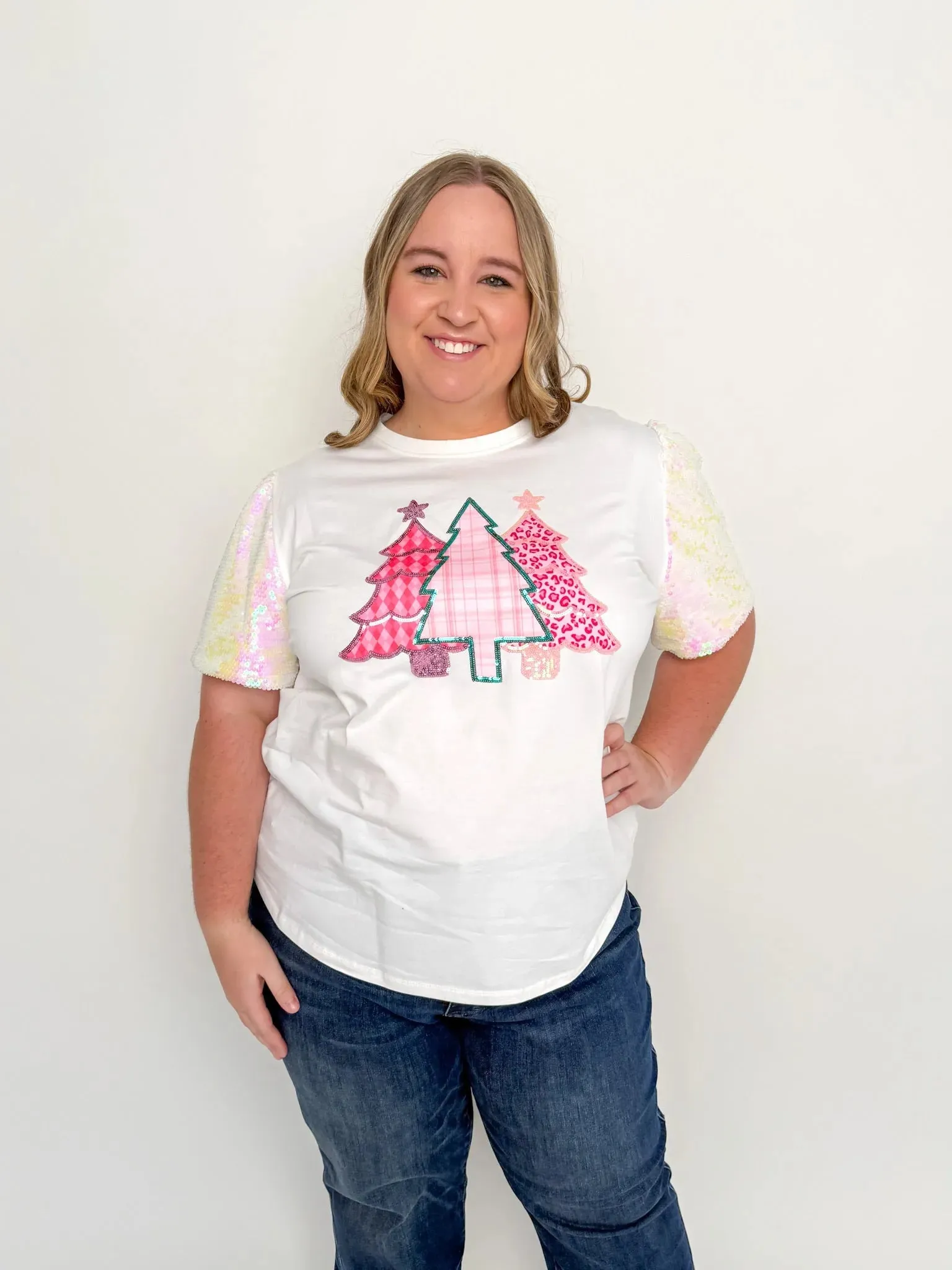 Pink Trees Short Sparkle Sleeve Top