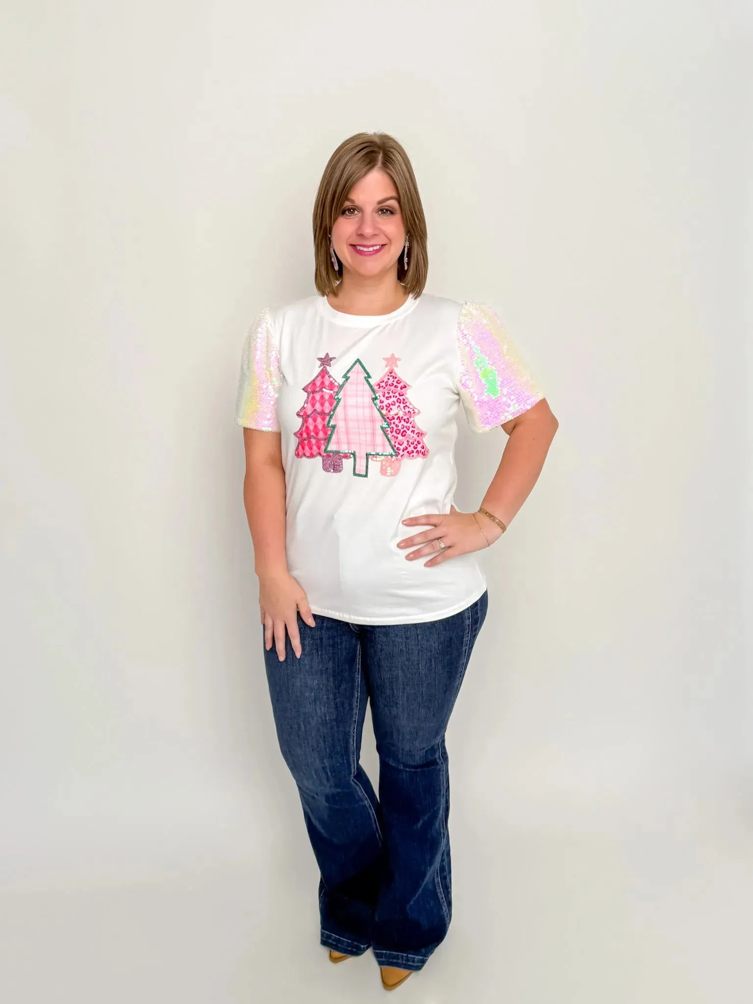 Pink Trees Short Sparkle Sleeve Top