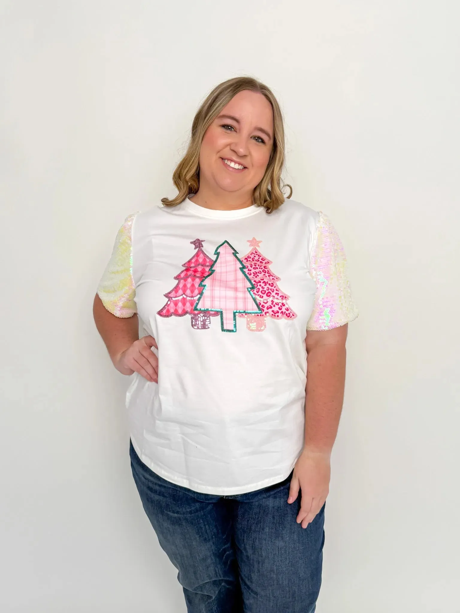 Pink Trees Short Sparkle Sleeve Top