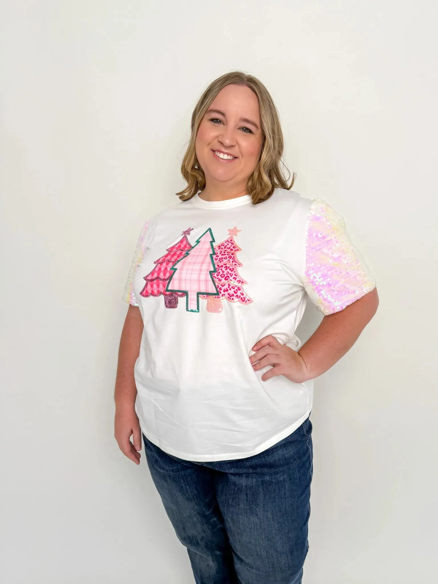 Pink Trees Short Sparkle Sleeve Top