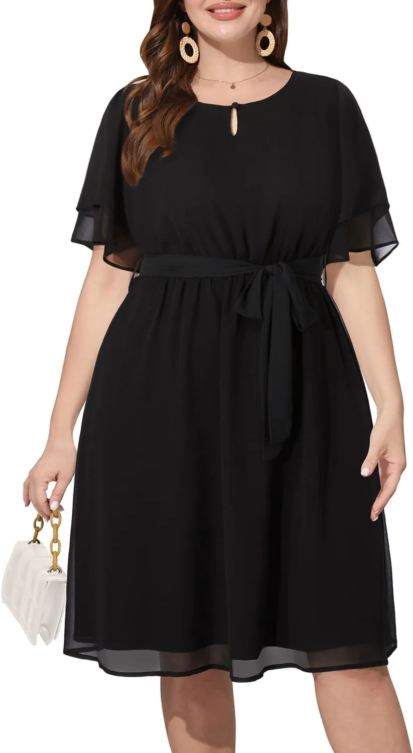 Pinup Fashion Plus Size Dresses for Wedding Guest - Semi Formal Cocktail Chiffon Keyhole Neck Knee Length Dress