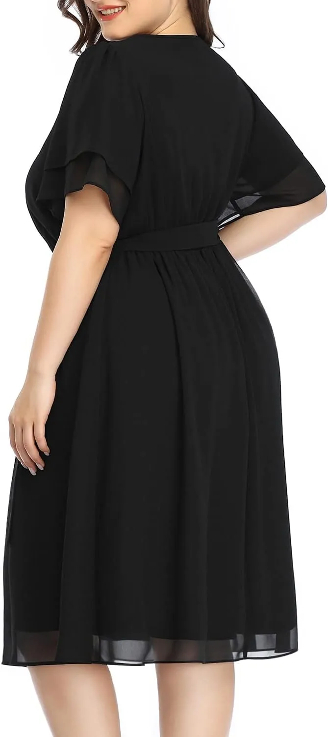Pinup Fashion Plus Size Dresses for Wedding Guest - Semi Formal Cocktail Chiffon Keyhole Neck Knee Length Dress