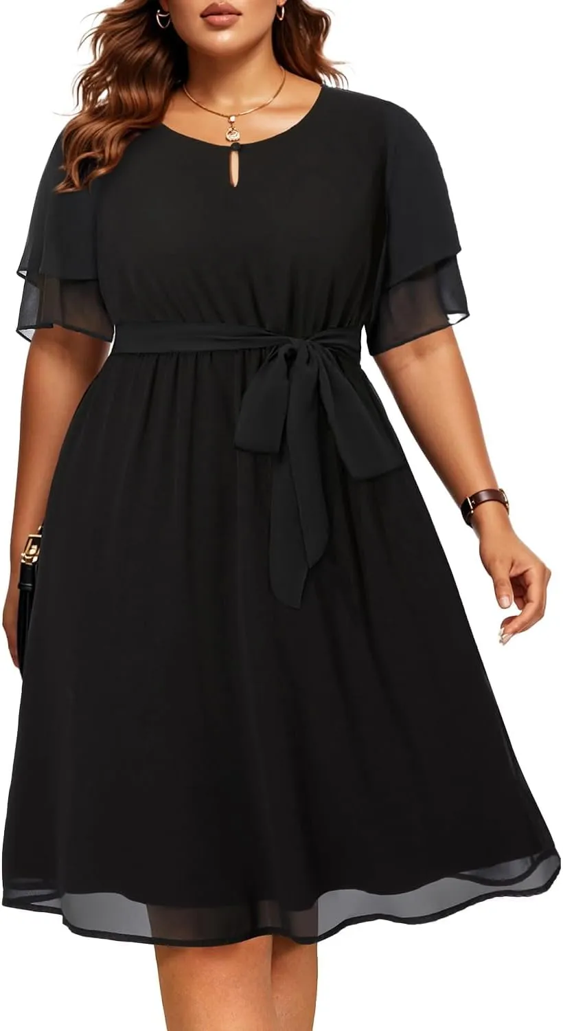 Pinup Fashion Plus Size Dresses for Wedding Guest - Semi Formal Cocktail Chiffon Keyhole Neck Knee Length Dress