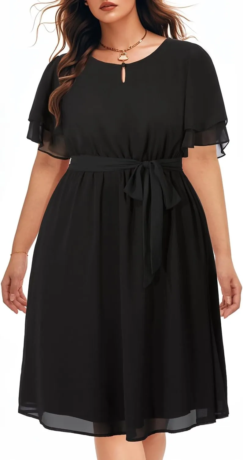 Pinup Fashion Plus Size Dresses for Wedding Guest - Semi Formal Cocktail Chiffon Keyhole Neck Knee Length Dress