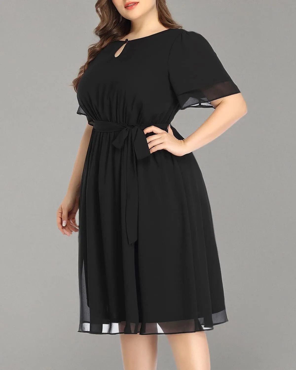 Pinup Fashion Plus Size Dresses for Wedding Guest - Semi Formal Cocktail Chiffon Keyhole Neck Knee Length Dress