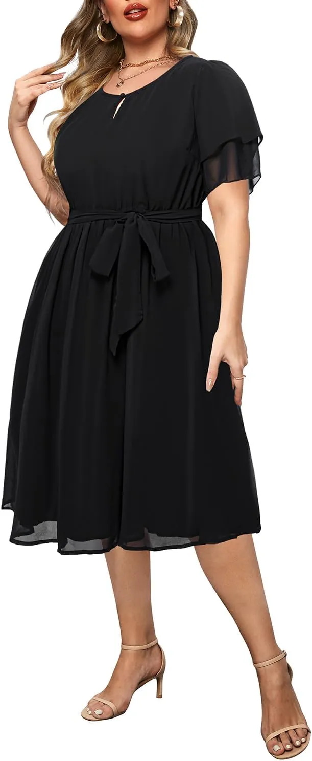 Pinup Fashion Plus Size Dresses for Wedding Guest - Semi Formal Cocktail Chiffon Keyhole Neck Knee Length Dress