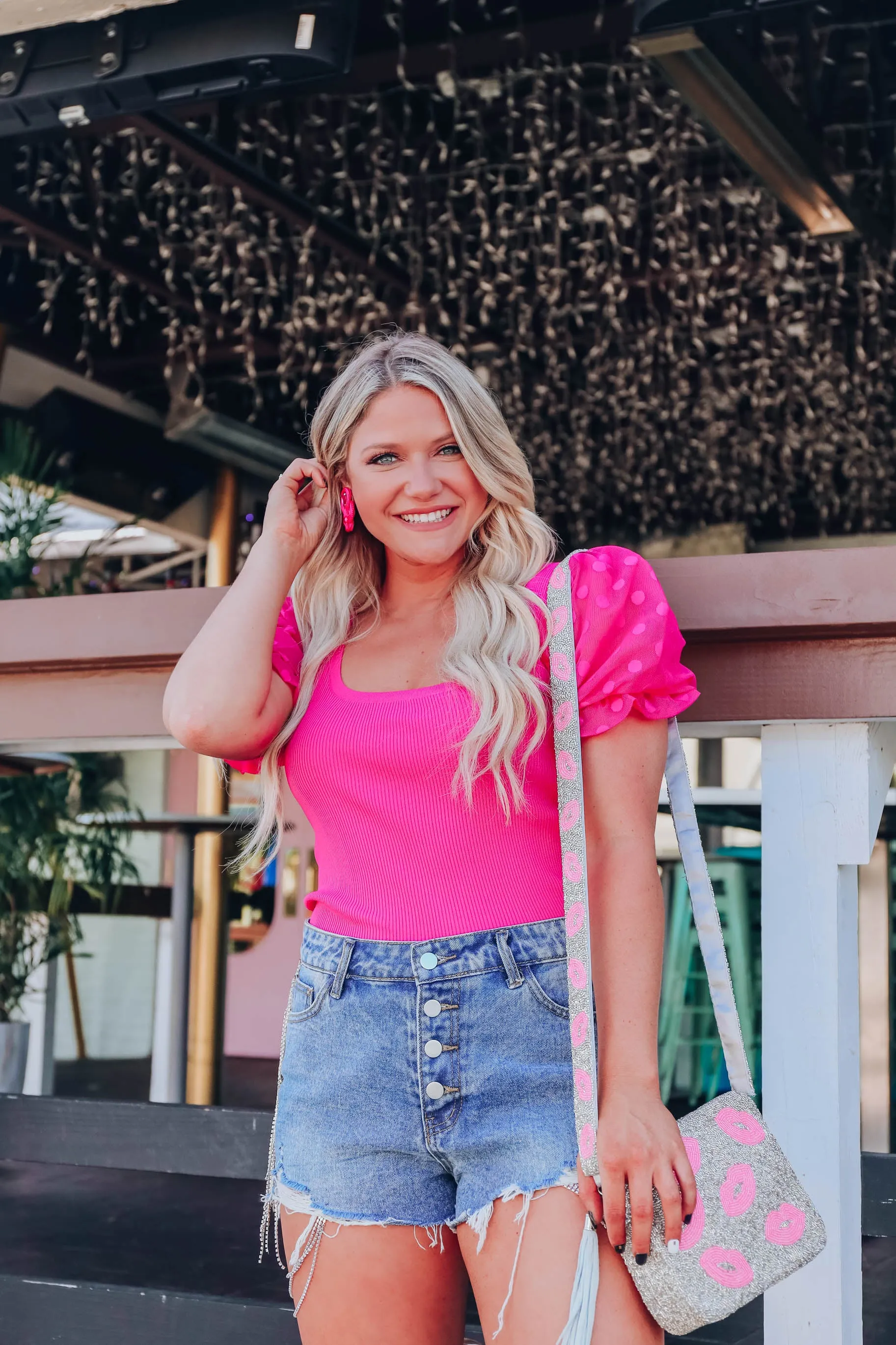 Polka Dot Puff Sleeve Top - Pink