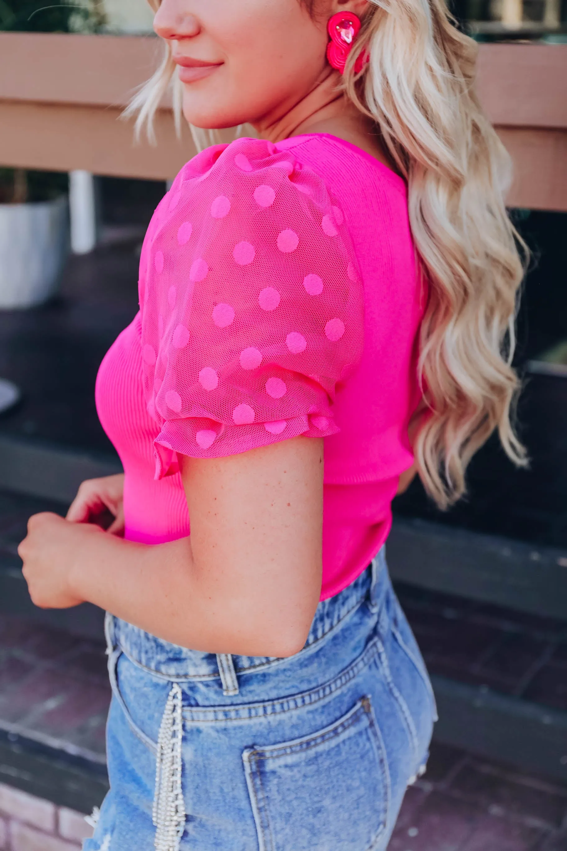 Polka Dot Puff Sleeve Top - Pink
