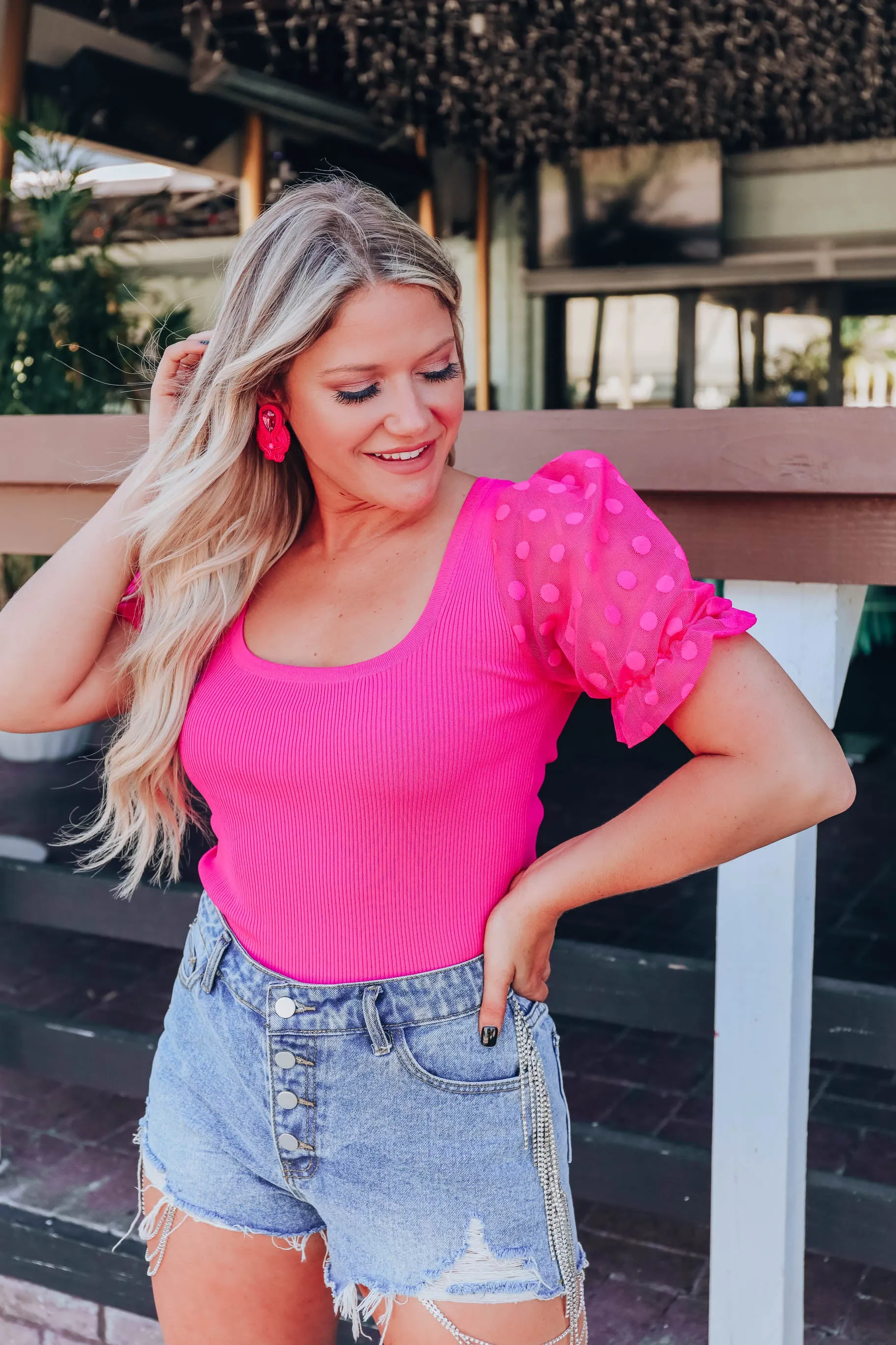 Polka Dot Puff Sleeve Top - Pink