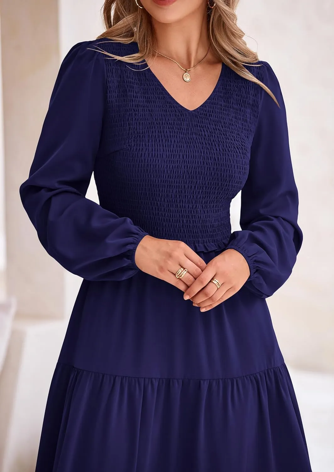 PRETTYGARDEN Womens Casual Smocked Midi Dress 2025 Spring Long Sleeve V Neck Tiered A Line Long Flowy Dress