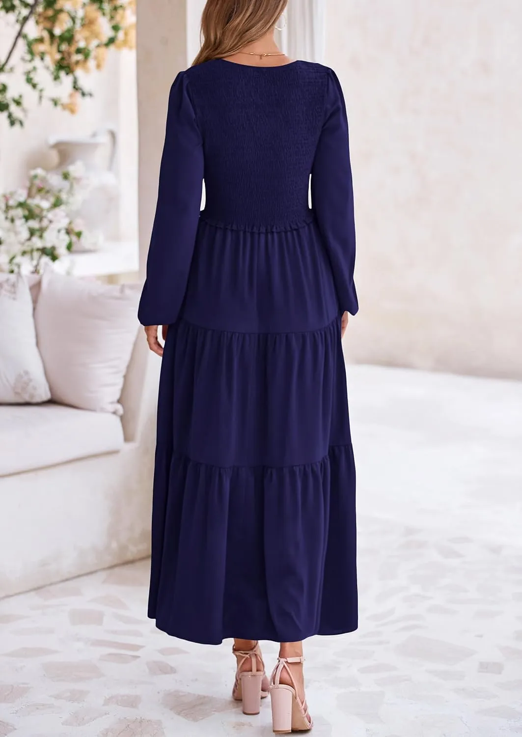 PRETTYGARDEN Womens Casual Smocked Midi Dress 2025 Spring Long Sleeve V Neck Tiered A Line Long Flowy Dress