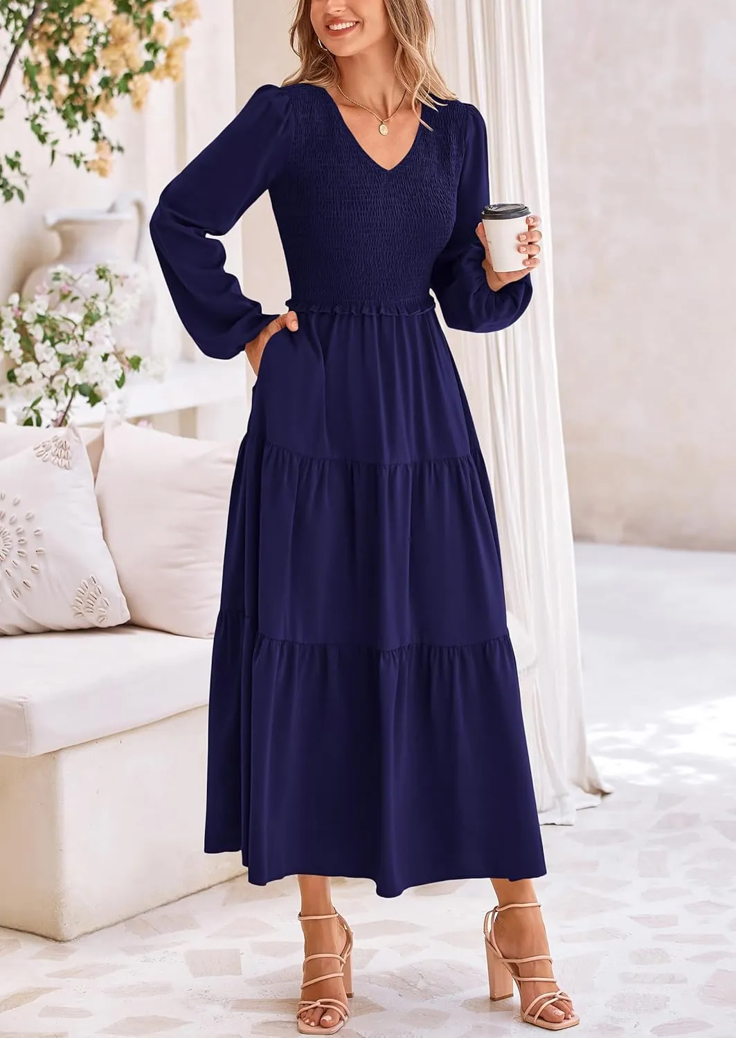 PRETTYGARDEN Womens Casual Smocked Midi Dress 2025 Spring Long Sleeve V Neck Tiered A Line Long Flowy Dress