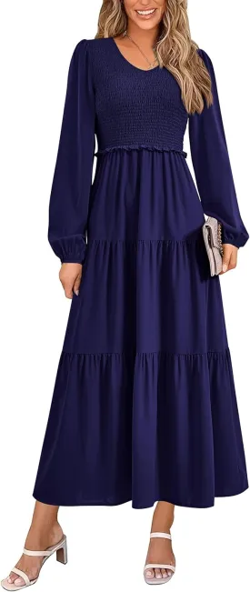 PRETTYGARDEN Womens Casual Smocked Midi Dress 2025 Spring Long Sleeve V Neck Tiered A Line Long Flowy Dress