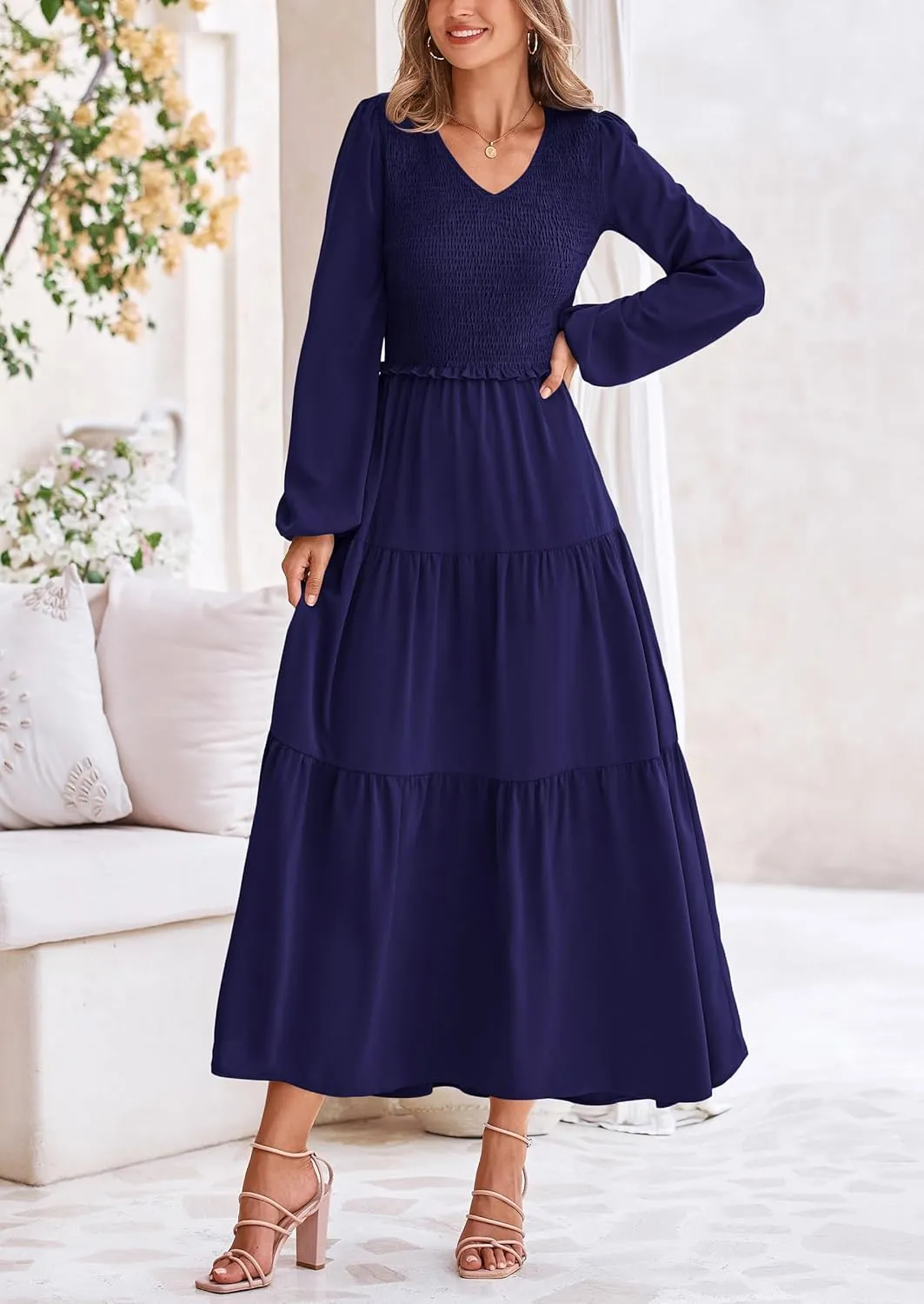 PRETTYGARDEN Womens Casual Smocked Midi Dress 2025 Spring Long Sleeve V Neck Tiered A Line Long Flowy Dress