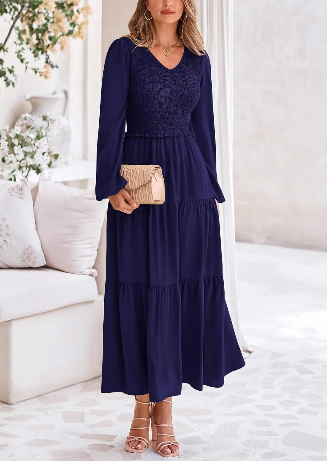 PRETTYGARDEN Womens Casual Smocked Midi Dress 2025 Spring Long Sleeve V Neck Tiered A Line Long Flowy Dress
