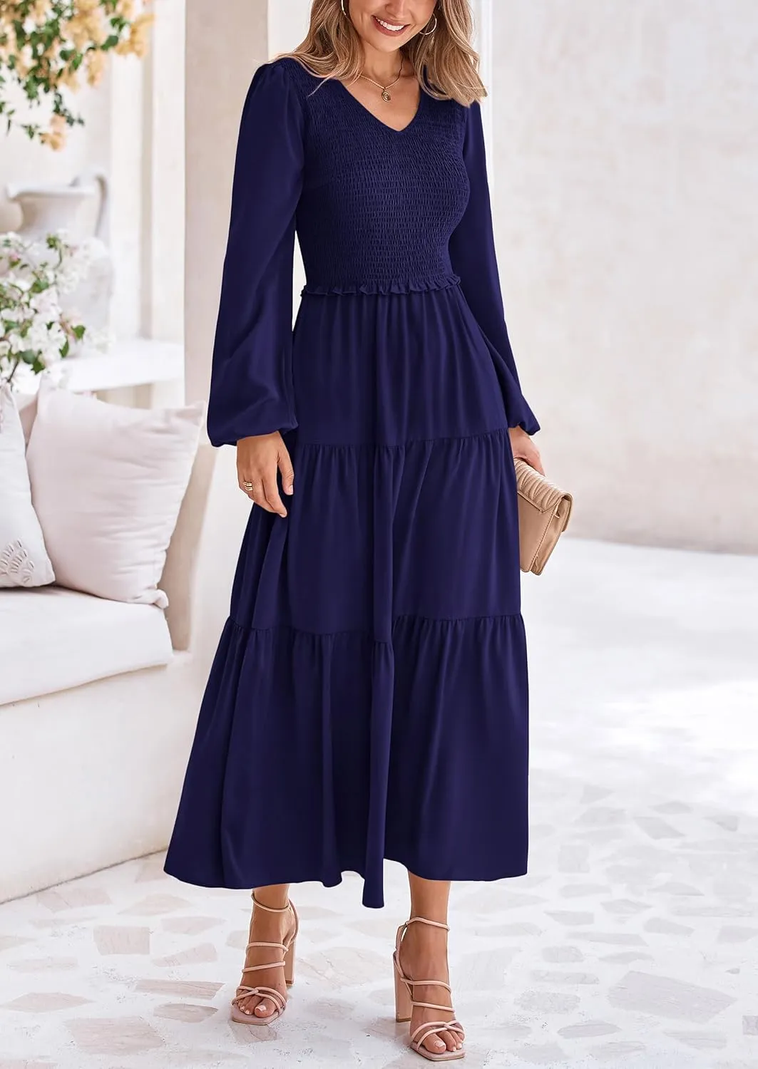 PRETTYGARDEN Womens Casual Smocked Midi Dress 2025 Spring Long Sleeve V Neck Tiered A Line Long Flowy Dress