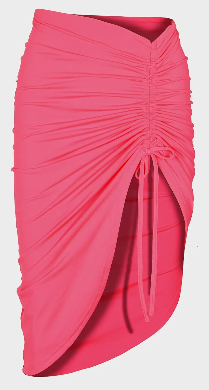 PRIMODA Women's Asymmetrical Bodycon Drawstring Ruched Midi Skirt with Thigh High Slit