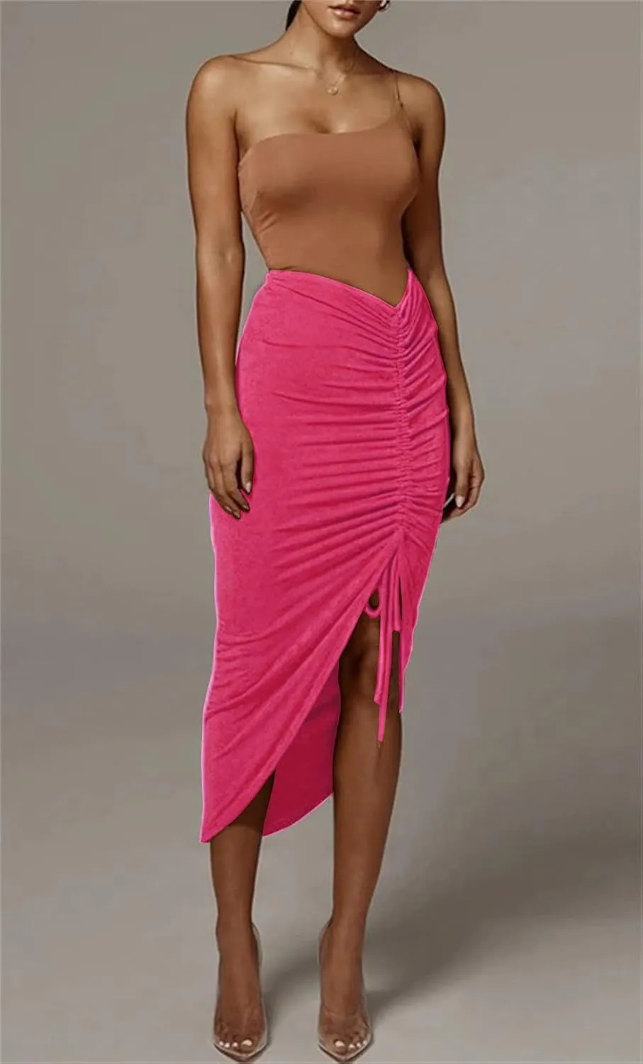 PRIMODA Women's Asymmetrical Bodycon Drawstring Ruched Midi Skirt with Thigh High Slit