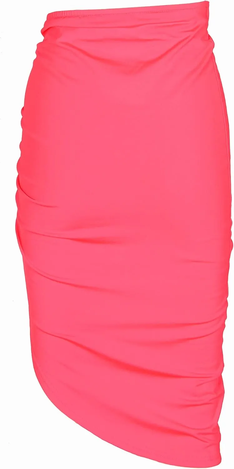 PRIMODA Women's Asymmetrical Bodycon Drawstring Ruched Midi Skirt with Thigh High Slit