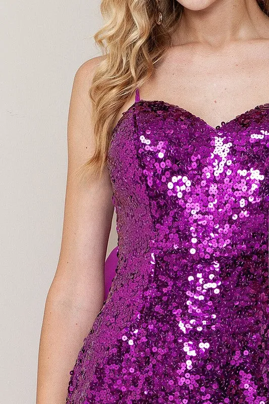 Purple Sequin Bow Detail On Back Mini Dress