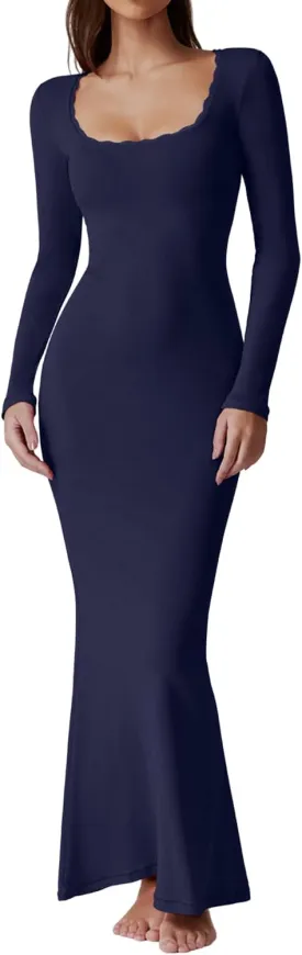 QINSEN Women's Ribbed Knit Long Sleeve Scoop Neck Maxi Dress with Lace Details Bodycon Dress