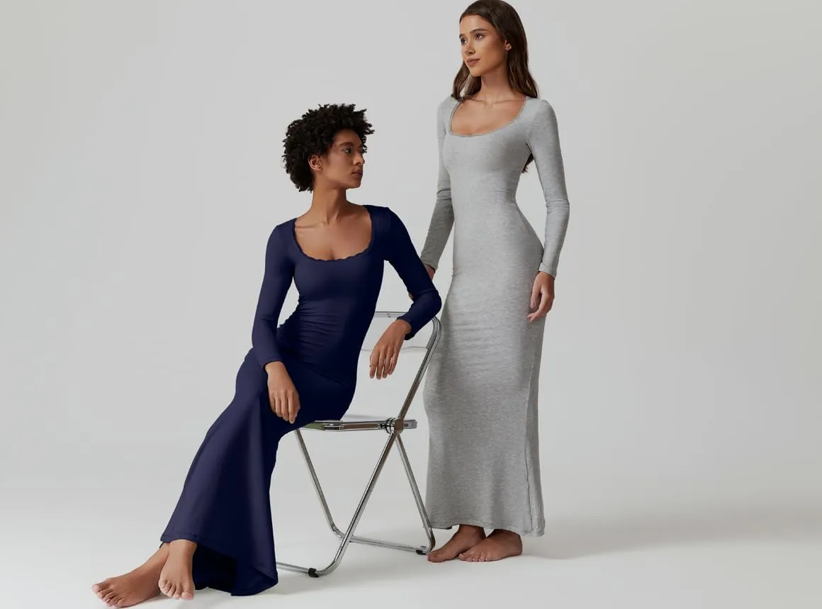 QINSEN Women's Ribbed Knit Long Sleeve Scoop Neck Maxi Dress with Lace Details Bodycon Dress