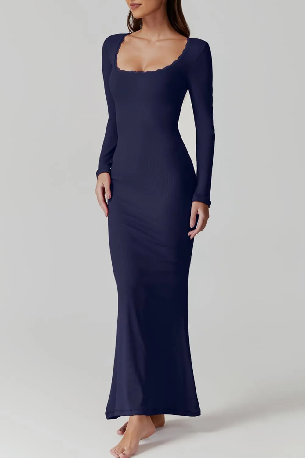 QINSEN Women's Ribbed Knit Long Sleeve Scoop Neck Maxi Dress with Lace Details Bodycon Dress