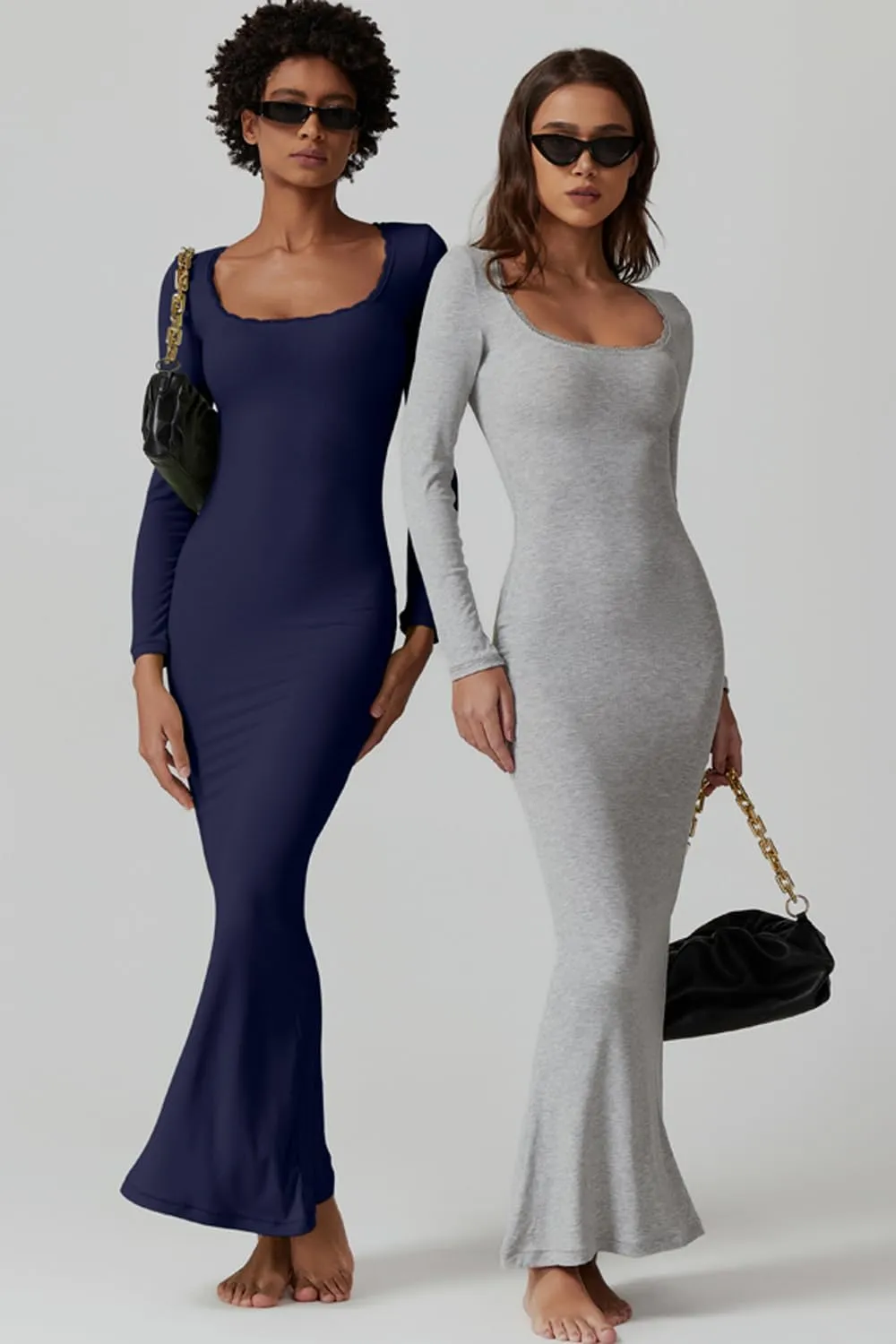 QINSEN Women's Ribbed Knit Long Sleeve Scoop Neck Maxi Dress with Lace Details Bodycon Dress