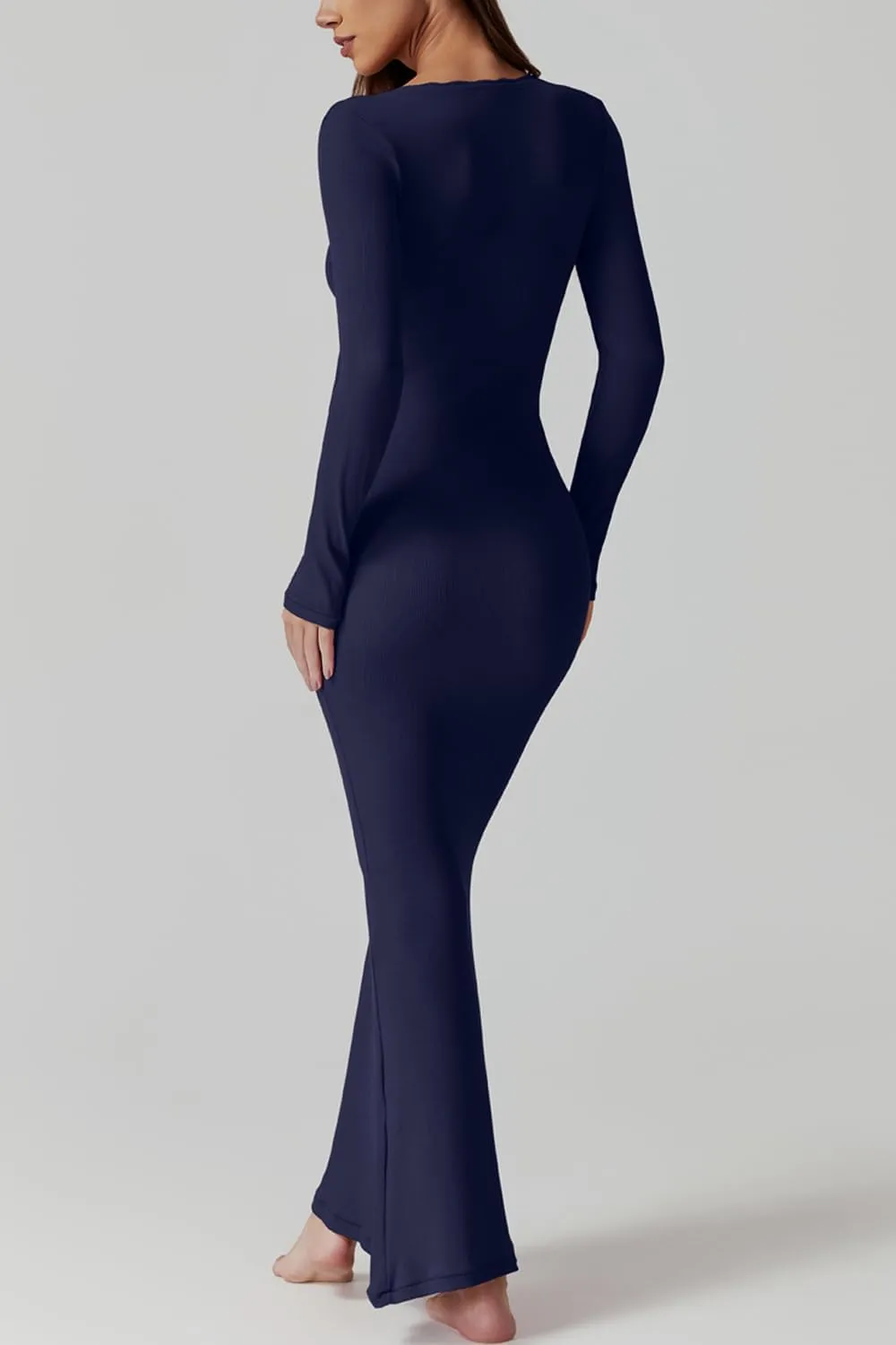 QINSEN Women's Ribbed Knit Long Sleeve Scoop Neck Maxi Dress with Lace Details Bodycon Dress