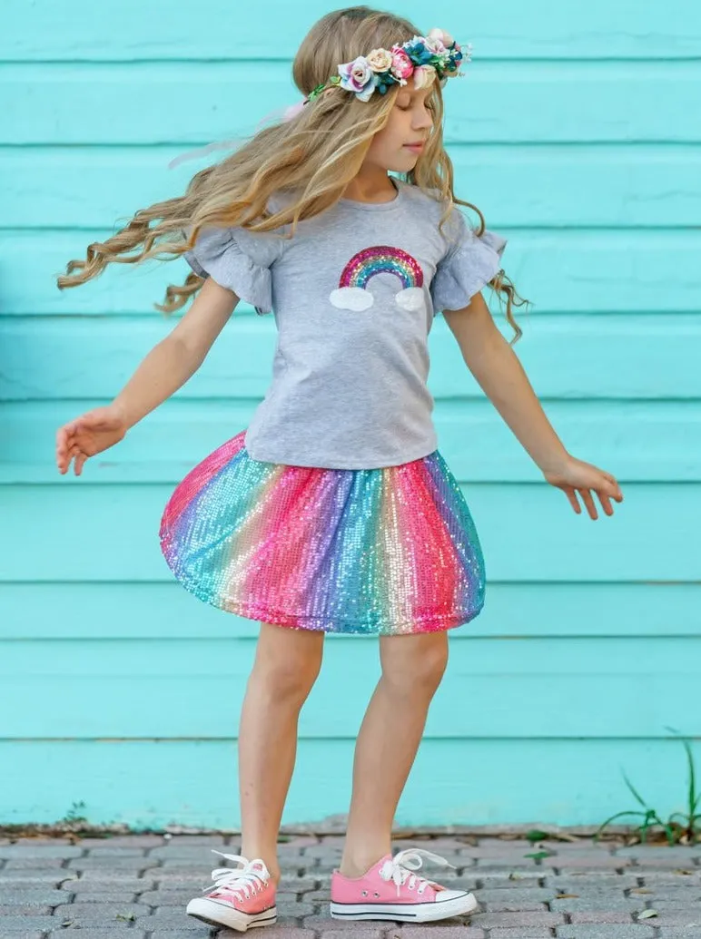 Rainbows And Clouds Sequin Skirt Set