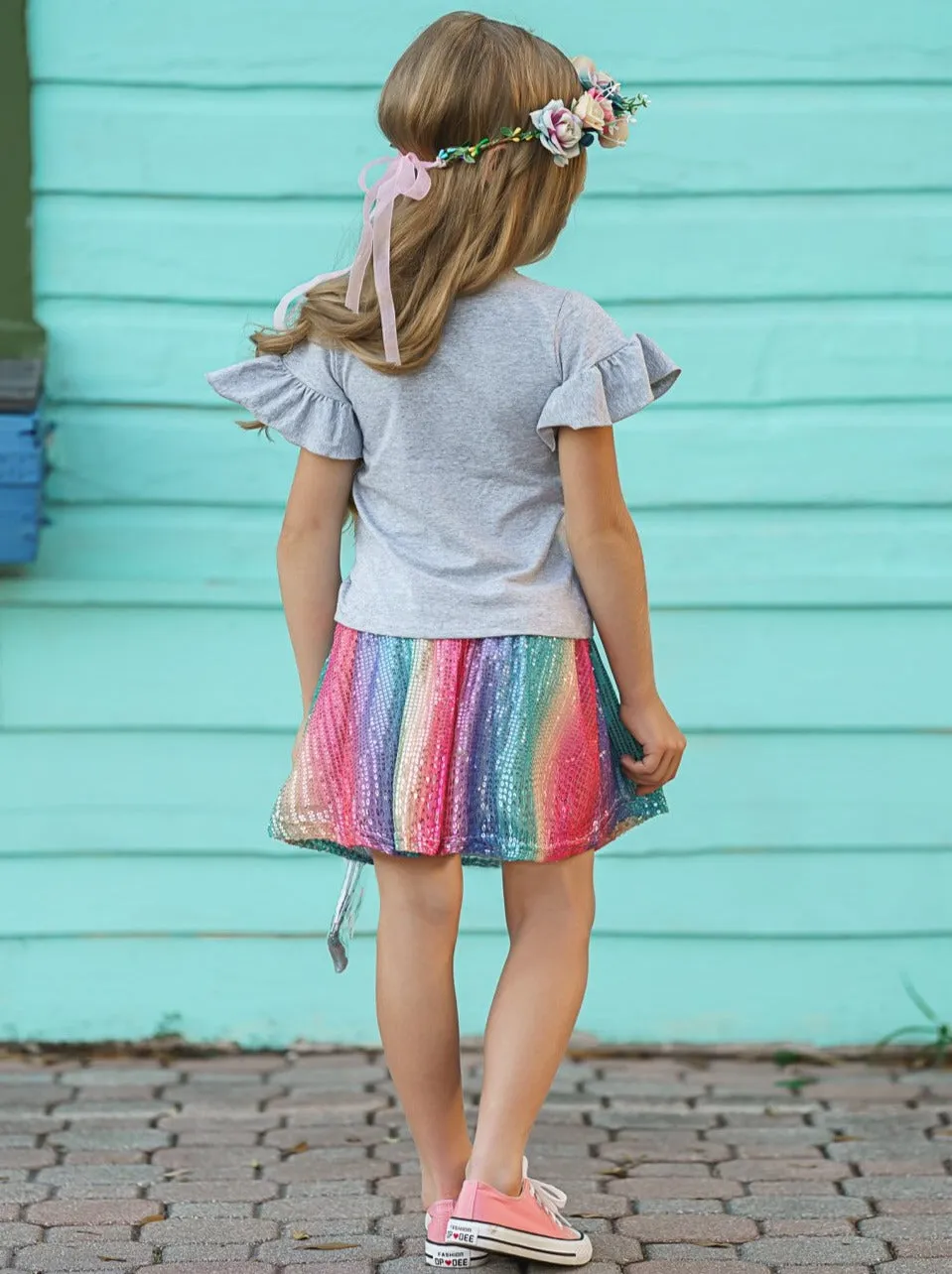 Rainbows And Clouds Sequin Skirt Set