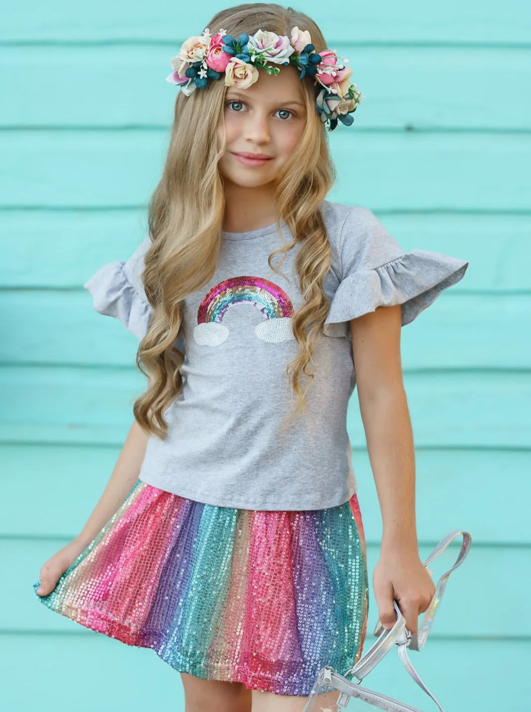 Rainbows And Clouds Sequin Skirt Set