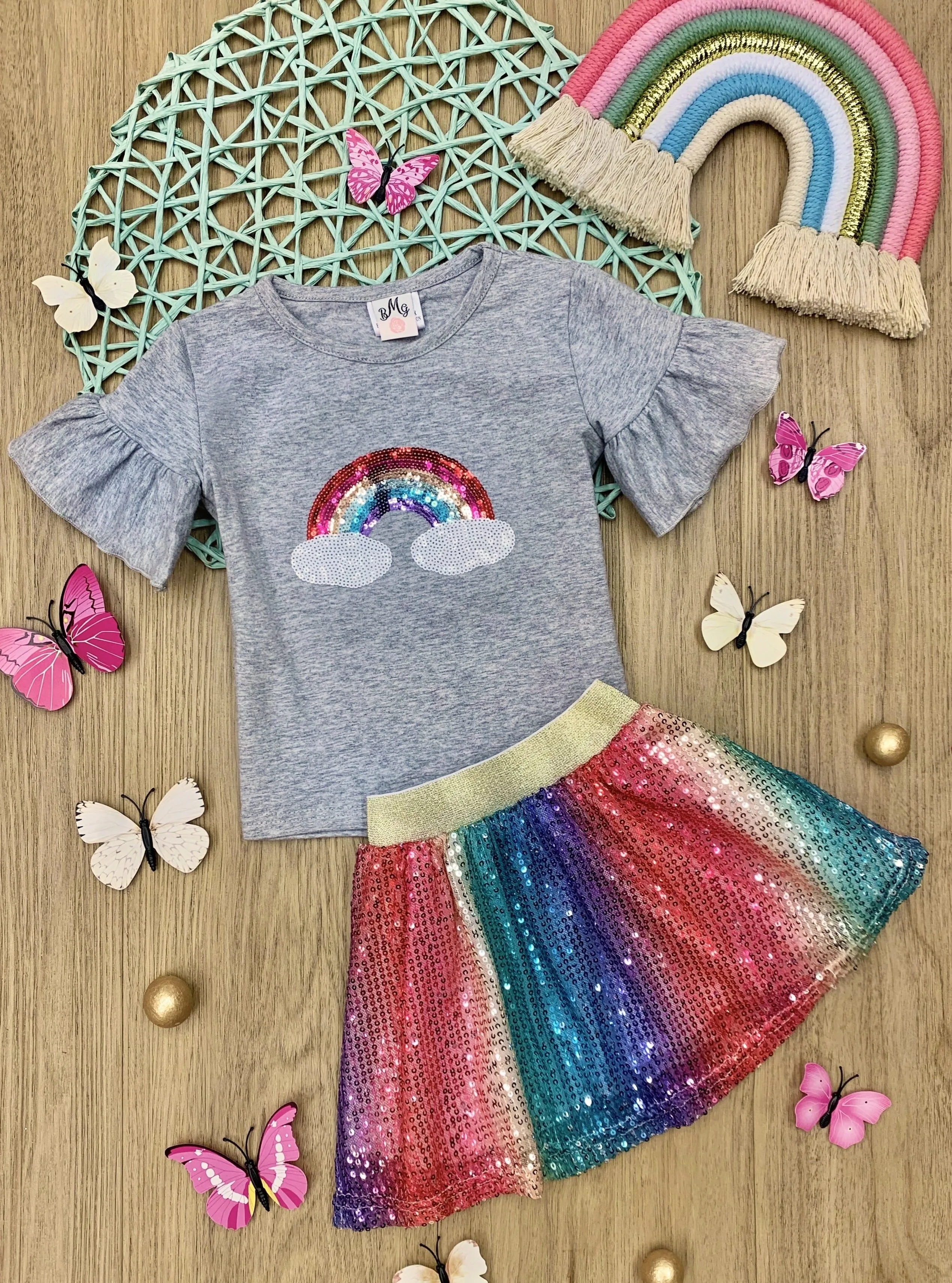 Rainbows And Clouds Sequin Skirt Set