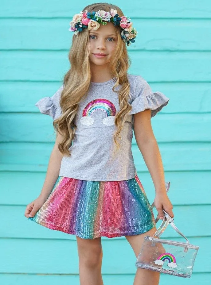 Rainbows And Clouds Sequin Skirt Set