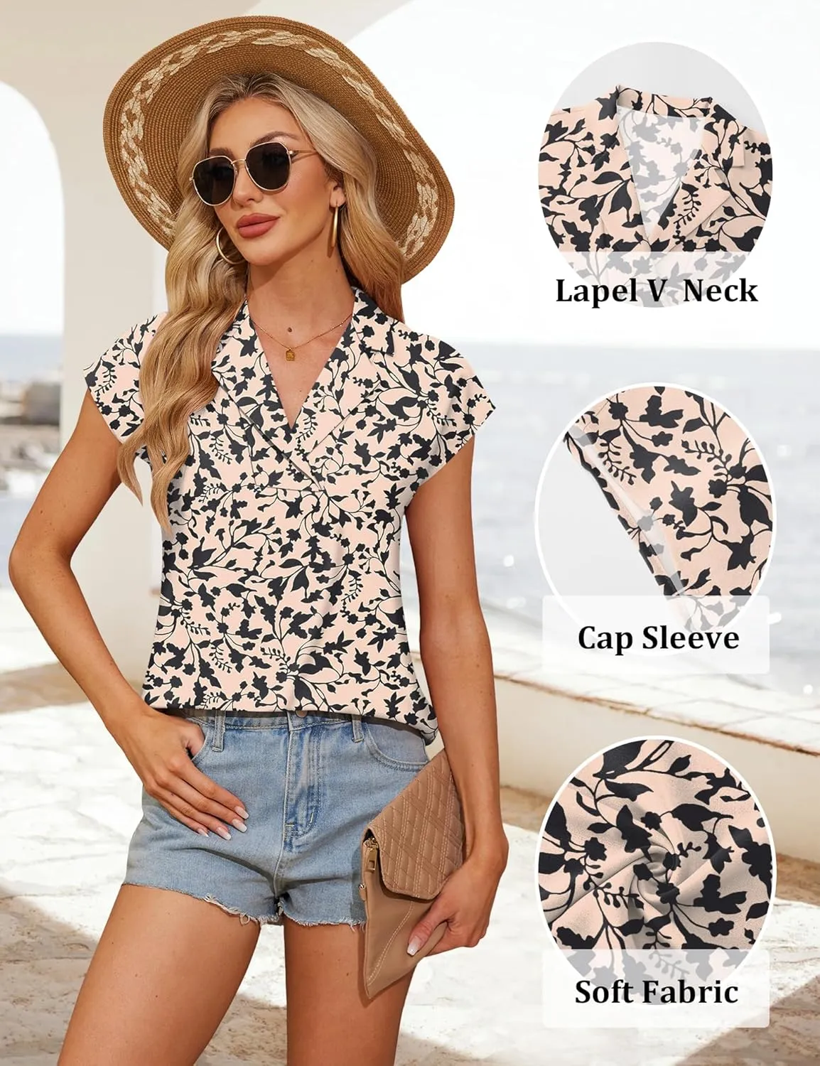Rapbin Summer Tops for Women 2025 Short Sleeve Lapel V Neck Blouses Business Work Casual Chiffon Tunics Tops for Leggings