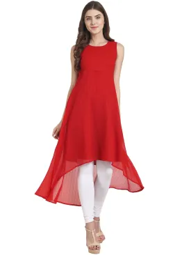Red Sleeveless Chiffon Low High Kurta With Cotton Line