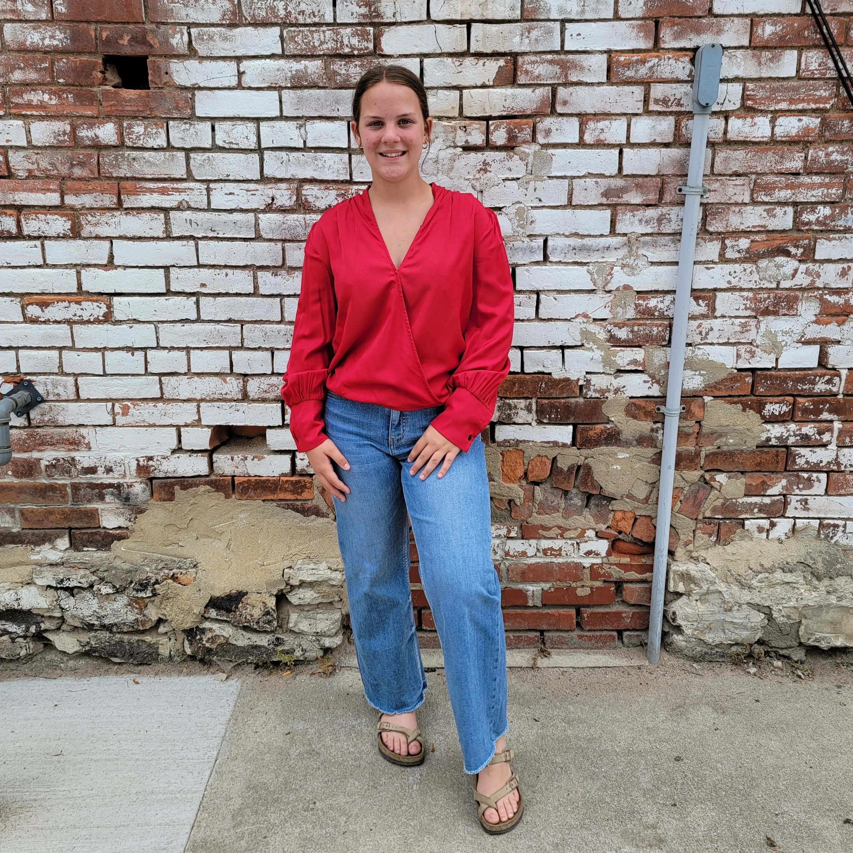 Red V Neck Puffy Sleeve Top