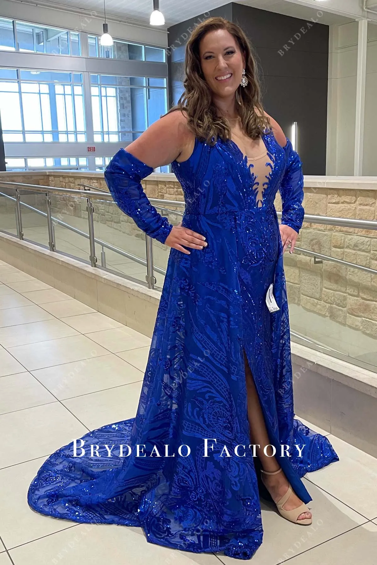 Removable Long Sleeve Sparkly Royal Blue Sequin Pageant Dress
