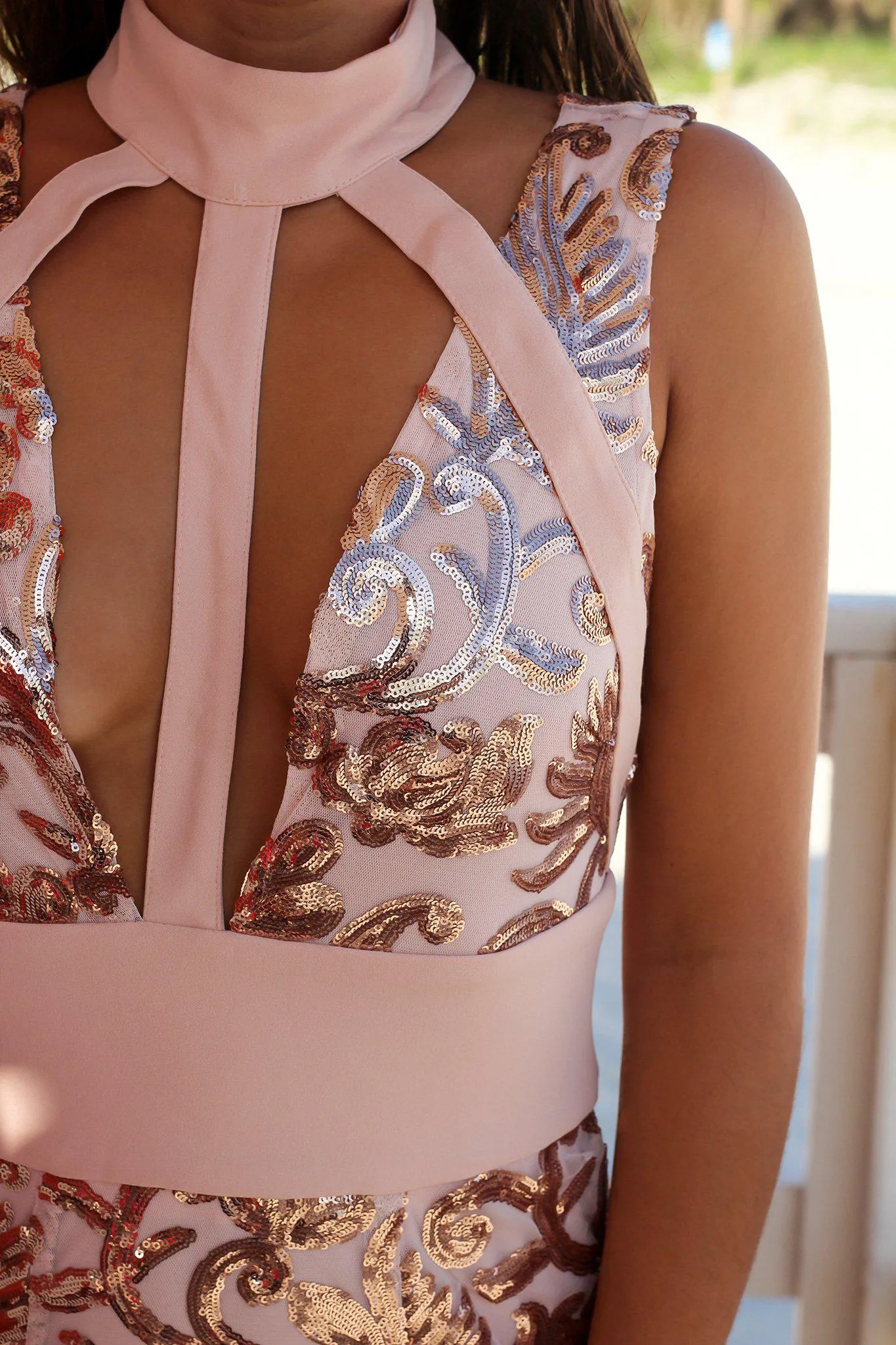 Rose Gold Sequin Short Dress with Cut Out Detail