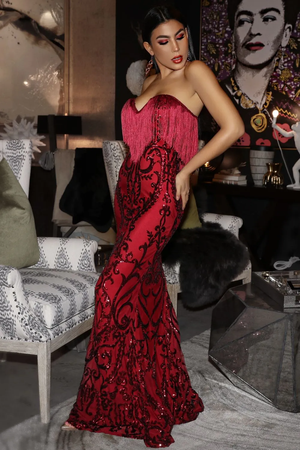Runway Berry Luxe Sweetheart Tassel Fringe Sequin Fishtail Dress