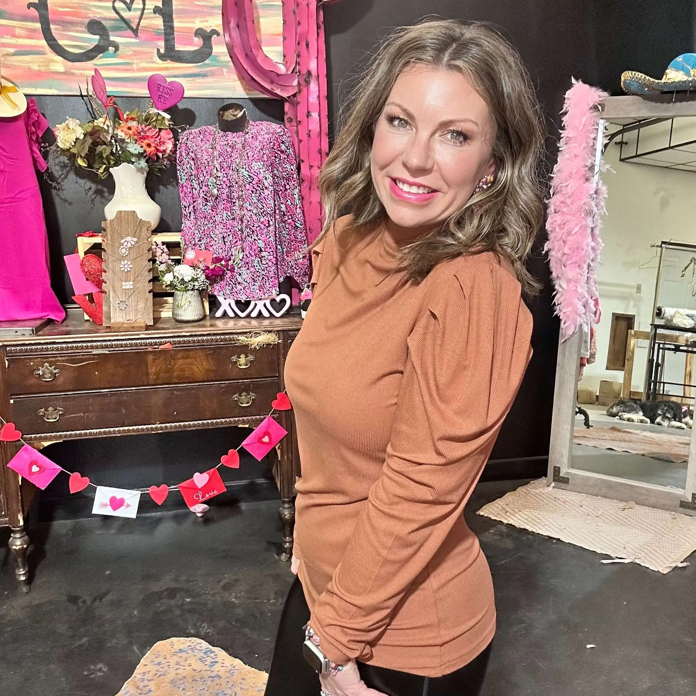Rust Orange Ruffle Shoulder Long Sleeve