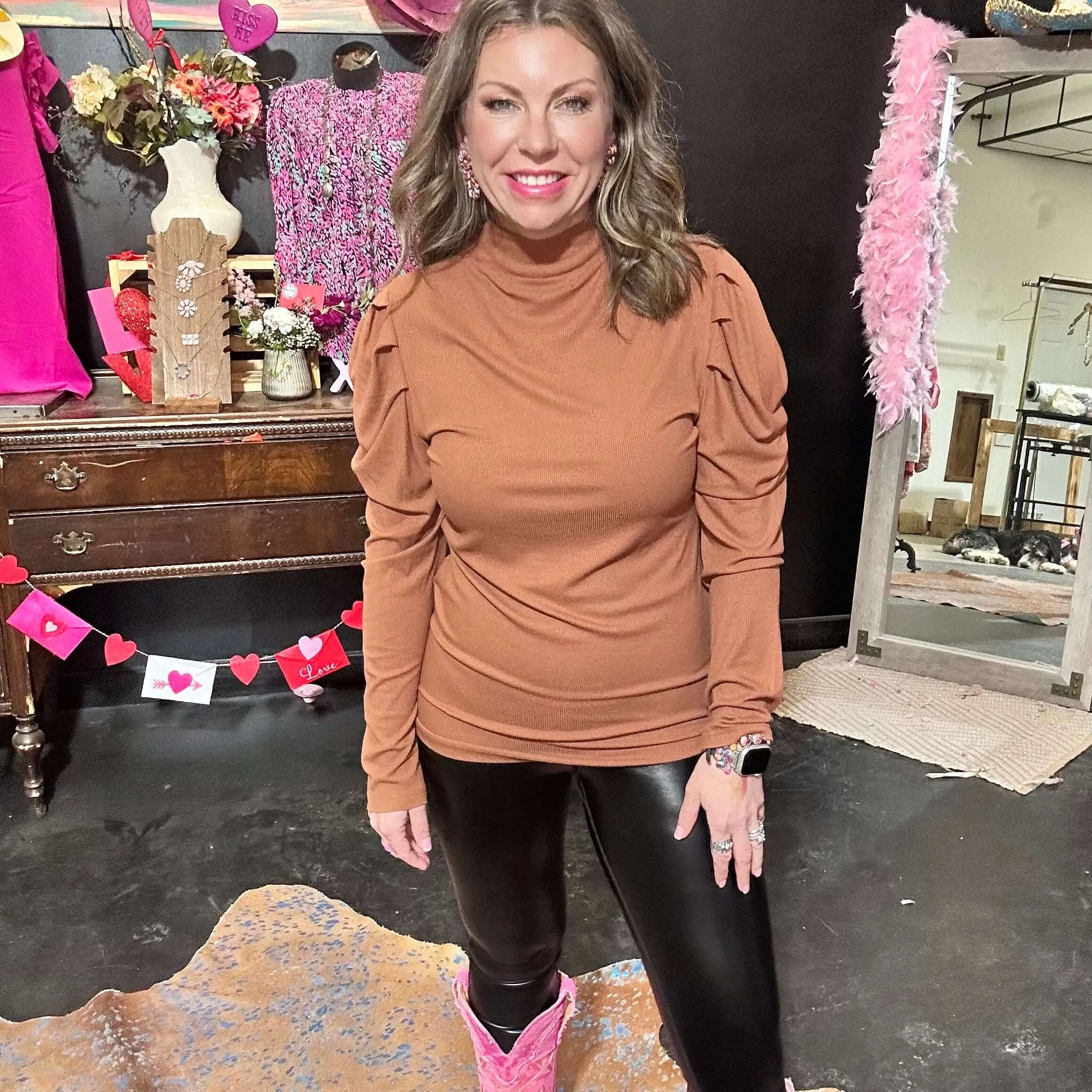 Rust Orange Ruffle Shoulder Long Sleeve