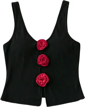 SHENHE Women's Ribbed Knit Cut Out Flower Rosette Top V Neck Sexy Fitted Tank Top