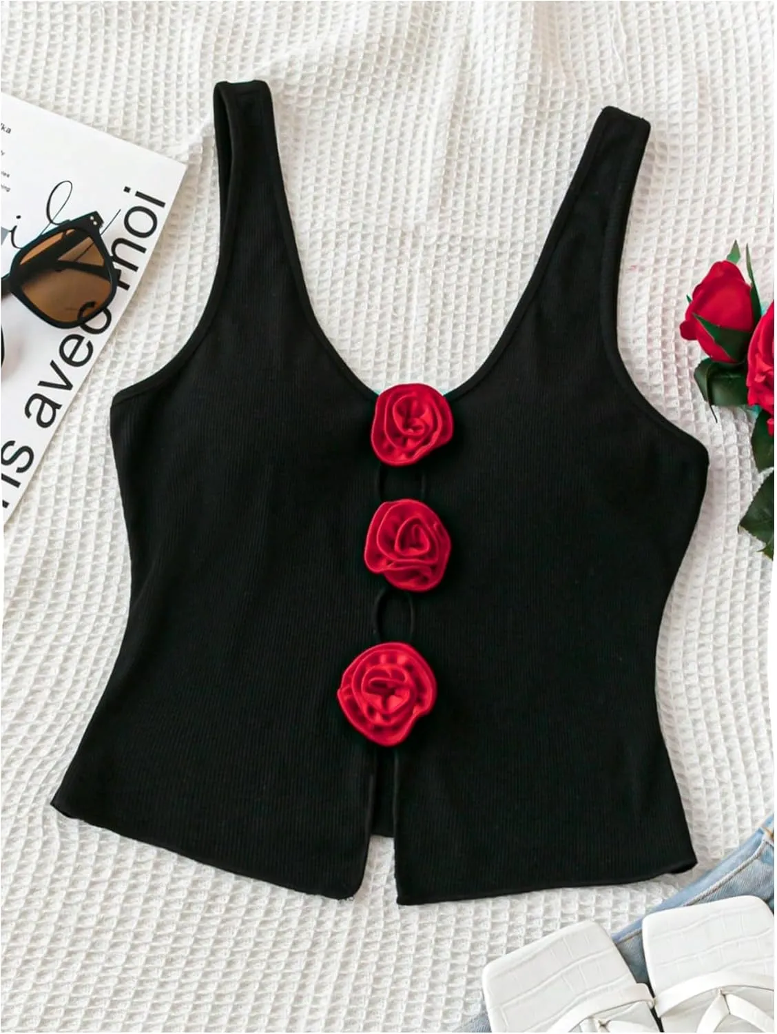 SHENHE Women's Ribbed Knit Cut Out Flower Rosette Top V Neck Sexy Fitted Tank Top