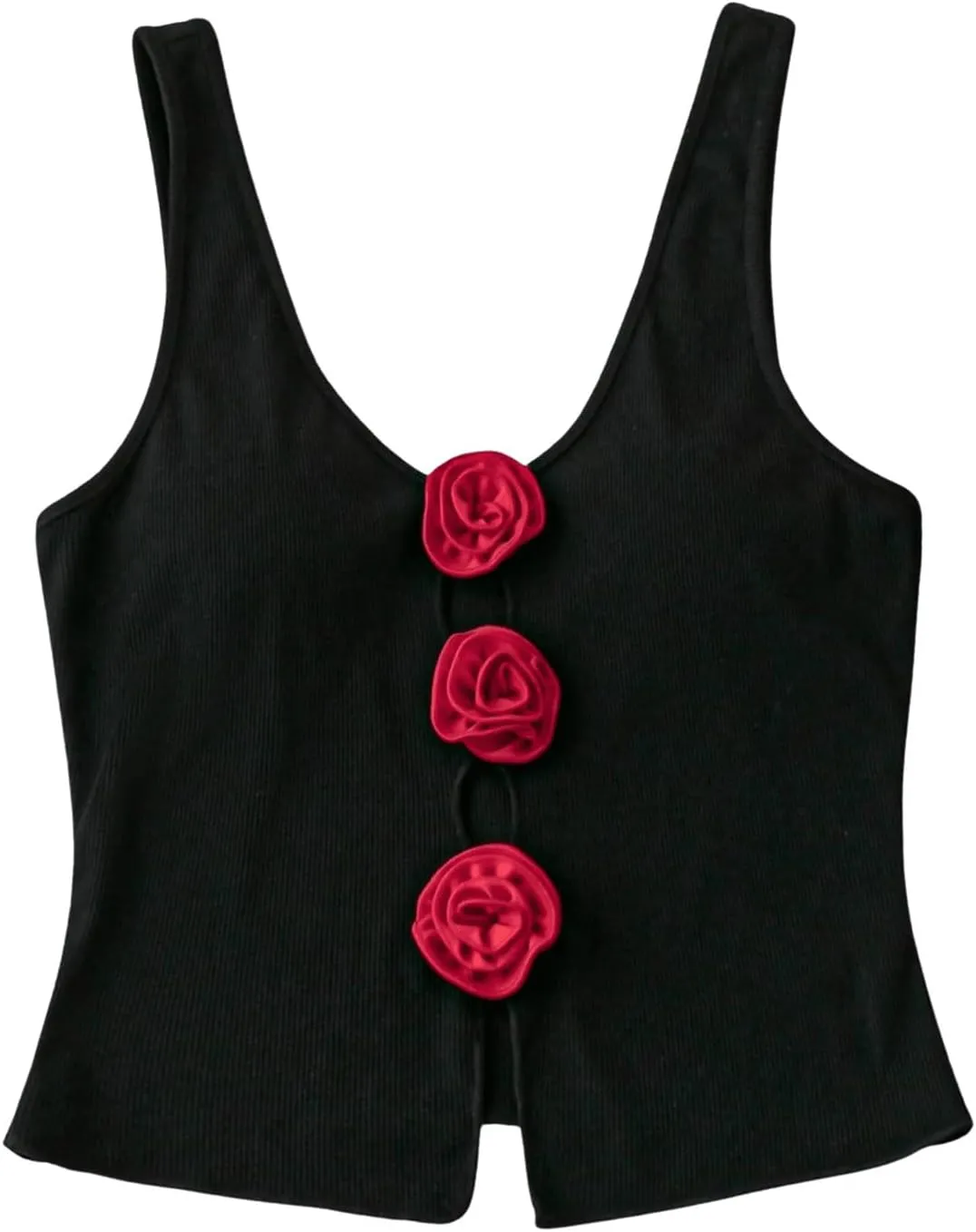 SHENHE Women's Ribbed Knit Cut Out Flower Rosette Top V Neck Sexy Fitted Tank Top