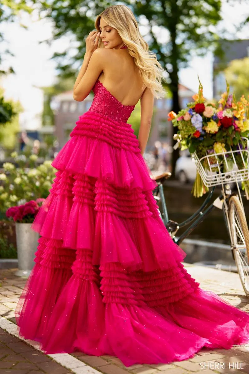 Sherri Hill Tulle Ruffle Halter Prom Dress 56206