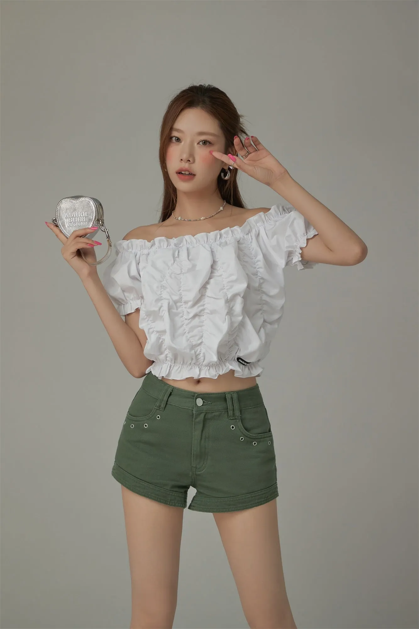 Shirred Puffy Sleeve Cropped Blouse