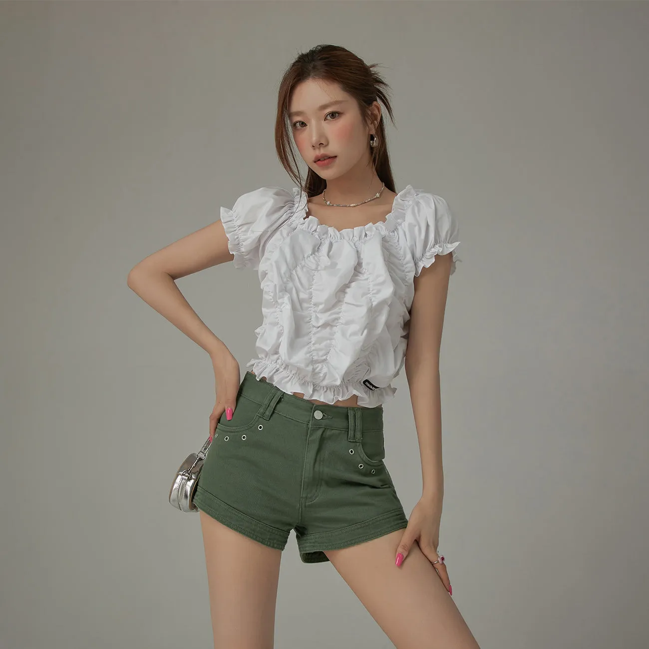 Shirred Puffy Sleeve Cropped Blouse